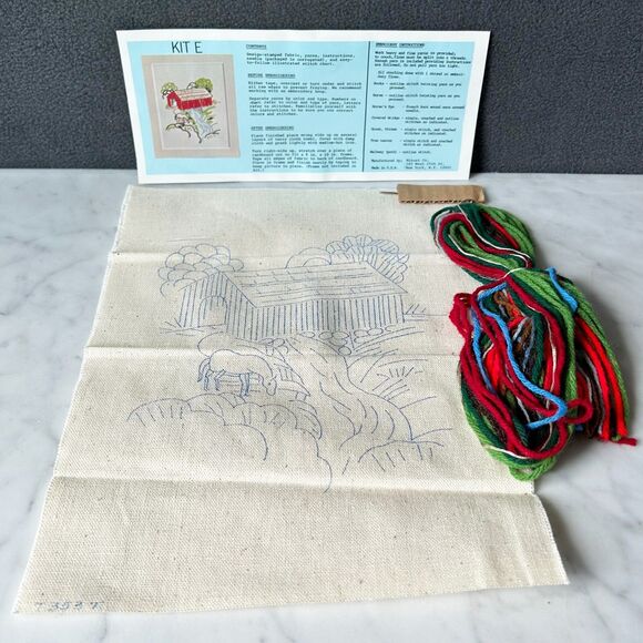 Vintage Crewel Embroidery Kit Covered Bridge with Horse by Creek/River-Kit E - Picture 1 of 4